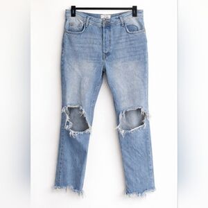 We The Free Distressed Mom Jeans Light Wash Raw Hem 28